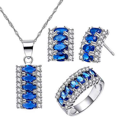 Uloveido Erstellt Navy Blue Sapphire Diamond Oval Cut Rechteck Crystal Zirkonia Halskette/Ohrstecker/Ring Weißgold plattiert - einzigartige Modeschmuck Set von Uloveido
