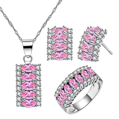 Uloveido Fashion Half Moon Halskette Set 7 Steine ​​Ring und Ohrstecker Birthstone Hochzeitsfeier Schmuck für Frauen T502 (Pink, Größe 52) von Uloveido