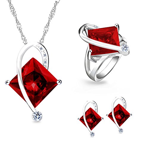 Uloveido Fashion Silber Überzogene Große Quadratische Rote Geburtsstein Anhänger Halskette Pierce Ohrringe Zierliche Geburtsstein Ring Party Schmuck Set für Freundin (Rot, Größe 62) T295 von Uloveido