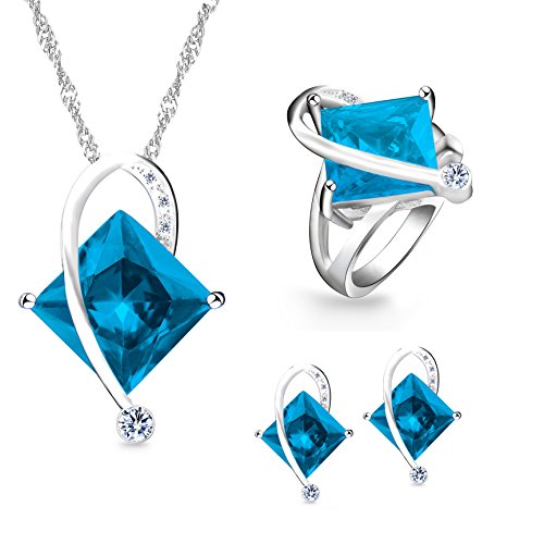 Uloveido Fashion Versilbert Big Square Blue Birth-Stone Anhänger Halskette Pierce Ohrringe Dainty Birthstone Ring Party-Schmuck-Set für Freundin (Blau, Größe 62) T295 von Uloveido