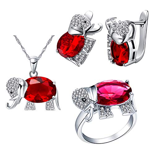 Uloveido Frauen Elefanten Form Simuliert Rot Rubin Silber Farbe Kette Halskette Ohrstecker Clip On Ohrringe Halo Cocktail Ring Hochzeit Schmuck Set für Mädchen von Uloveido