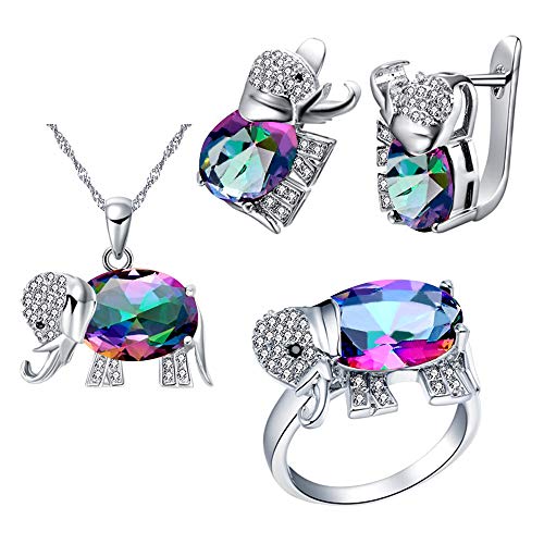 Uloveido Frauen Elefanten Form simuliert Regenbogen Topas Silber Farbe Kette Halskette Ohrstecker Clip auf Ohrringe Halo Cocktail Ring Hochzeit Schmuck-Set für Mädchen von Uloveido