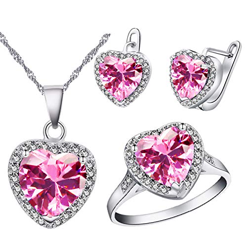 Uloveido Frauen Herzform Simuliert Rosa Topas Silber Farbe Kette Halskette Studs Clip Auf Ohrringe Halo Cocktail Ring Hochzeit Schmuck-Set für Mädchen T481 von Uloveido