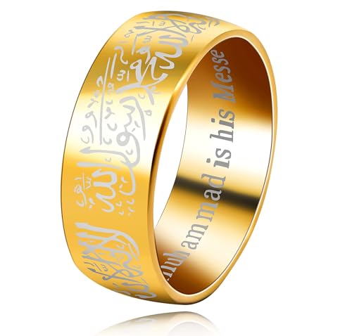 Uloveido Frauen Männer Gold Farbe Edelstahl Muslim Islamic Islamic Wide Band Ring mit Shahada in Arabisch und Englisch Y543 von Uloveido