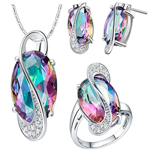 Uloveido Frauen Multicolor Kristall Hochzeit Schmuck-Set für Braut, Weißes Gold überzogen Halskette Ohrringe und Ringe Set für Frauen Mädchen mit Mystic Topaz T472 von Uloveido