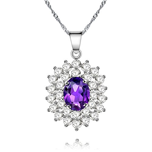 Uloveido Frauen Natürliche Lila Amethyst Edelstein Halo Kate Middleton Prinzessin Diana Engagement Anhänger Halskette 925 Sterling Silber Kette (0.8ct, Geschenkbox Verpackung) CN002 von Uloveido