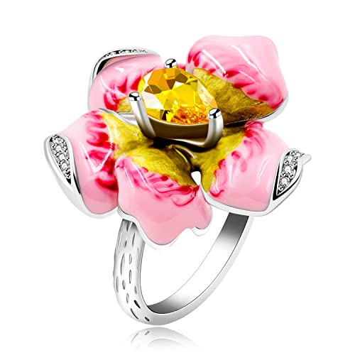 Uloveido Frauen Platin überzogene Pfingstrose Blume Ringe, Mode Rosa Emaille Cubic Zirkonia Cocktail Ringe für Frauen Mädchen Y1596 von Uloveido