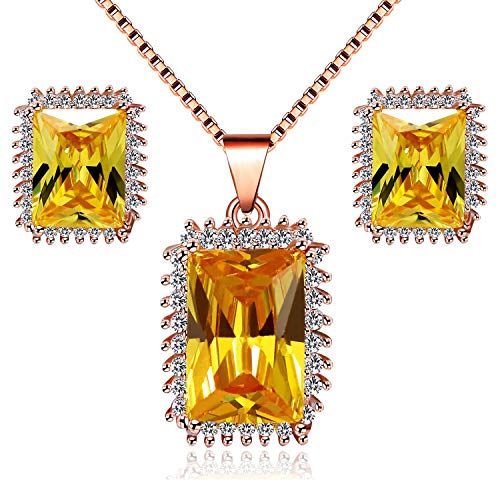 Uloveido Frauen Rose Gold plattiert Rechteck Simulierte Citrin Champagner Gelb Zirkonia Halskette CZ Ohrstecker Ohrringe November Birthstone Hochzeit Engagement Brautschmuck Set Y446 (Yellow) von Uloveido