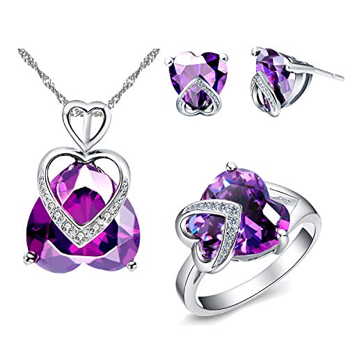 Uloveido Frauen erstellt Amethyst Februar Birthstone Halskette Ohrstecker und Liebe Herz Versprechen Ring Brautschmuck Set von Uloveido