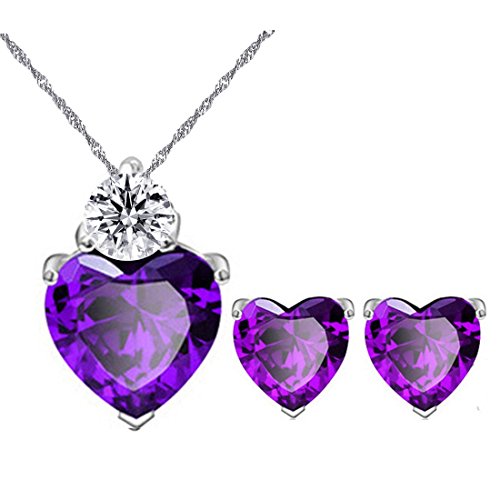 Uloveido Frauen synthetische Amethyst Kristall lila Herz Ohrstecker Anhänger Choker Halskette Set platiniert Brautjungfer Birthstone Schmuck von Uloveido
