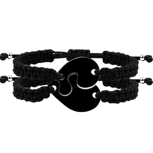 Uloveido Freundschaftsarmbänder für Paare, handgefertigt, schwarze Schnur, Edelstahl, Herz, Langstrecken-Armbänder für Männer und Frauen, Paar Y4489, Einstellbar, Metall Polyester, Kein Edelstein von Uloveido
