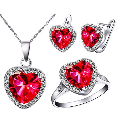 Uloveido Girls Platin Messing Rot Stein Simuliert Diamant Schmuck Piercing Ohrringe Halskette und Solitaire Ringe Set für Teen Mädchen Frauen T481 von Uloveido