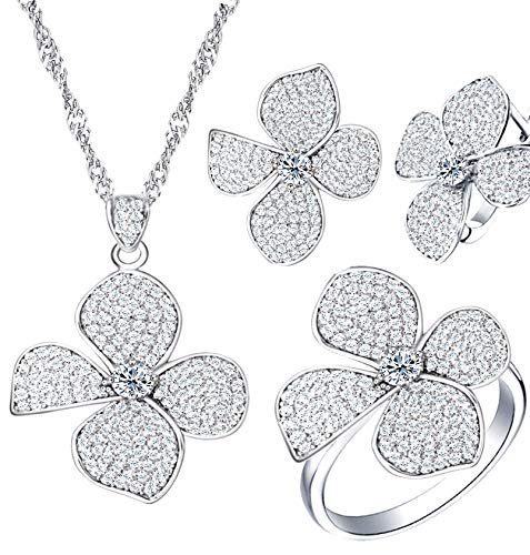 Uloveido Glück Blume Anhänger Halskette und Ohrringe Ring Set für Frauen Hochzeit Schmuck T001 von Uloveido