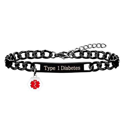 Uloveido Graviertes Medizinisches ID-Armband | Schwarz Plattierte Typ 1 Diabetes Medizinische Alarmarmbänder | Wasserdichtes Edelstahl Kubanisches Kettenarmband für Männer Frauen Uloveido Graviertes Medizinisches ID-Armband | Schwarz Plattierte Typ 1 Diabetes Medizinische Alarmarmbänder | Wasserdichtes Edelstahl Kubanisches Kettenarmband für Männer Frauen von Uloveido