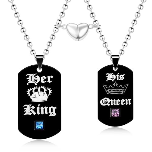 Uloveido Halskette mit Anhänger "His Queen and Her King", für Sie und Ihn, Militär-Erkennungsmarke, Edelstahl, passendes Geschenk für Paare, Einheitsgröße, Kristall, Zirkonia von Uloveido