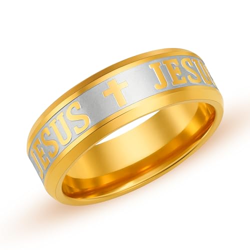 Uloveido Heiliger Kreuz 8mm Christlicher Trauring Komfort Spirituell Glaube Graviert Edelstahl Band Symbolisch Inspirierend YA6266 (Gold, Größe 20.6) von Uloveido