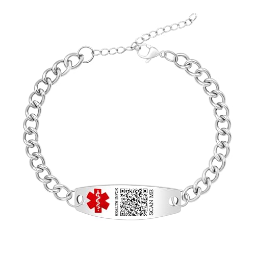 Uloveido Individuell Graviertes QR-Code Notfallkontakt-Armband – Edelstahl Curb-Link Medizinisches ID-Armband mit Gesundheitsdaten für Damen und Herren YA5948 von Uloveido