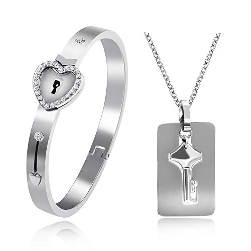 Uloveido Jungen Mädchen Silber Farbe Edelstahl Herz Schloss Armband und Schlüssel Anhänger Halskette für Männer und Frauen mit Zirkonia Y474 von Uloveido