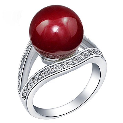 Uloveido Klassik 12mm Rote Perle Damen Split Shank Ring mit Zirkonia/CZ-platinierte Ewigkeit Verlobungsringe Größe 59 (18.8) J382 von Uloveido