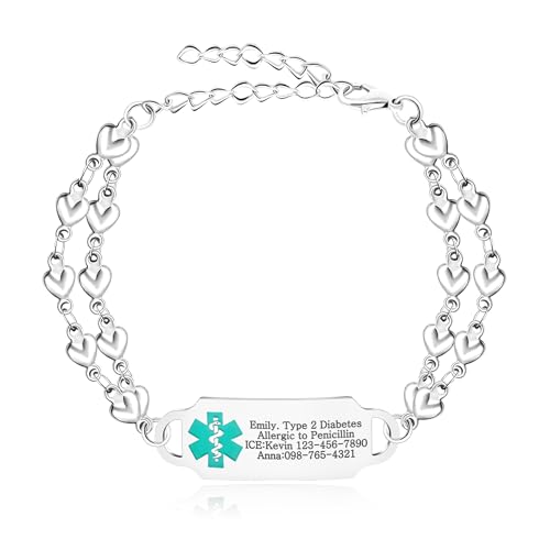 Uloveido Kundenspezifische medizinische Identität Armband mit Personalisierte Edelstahl Doppel Herz Link Kette Medizinische Warnung ID Armbänder für Frauen Mutter Großmutter YA5198 von Uloveido