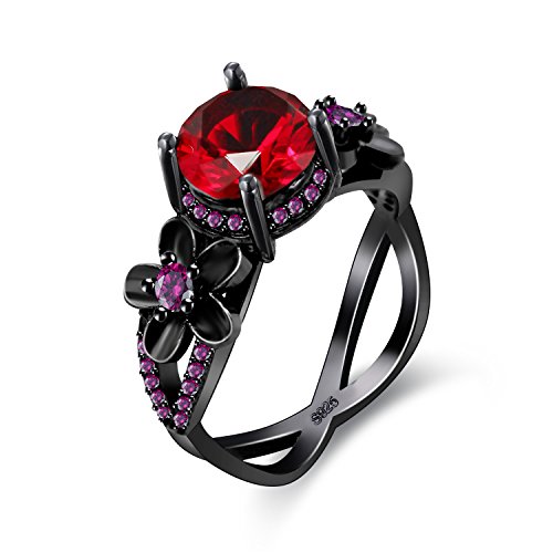 Uloveido Lady Black Gun überzogene Blume Solitaire Infinity Ring Mode Hochzeit Schmuck mit roten Zirkonia Halo Promise Ringgröße 57 (18.1) Y357 von Uloveido