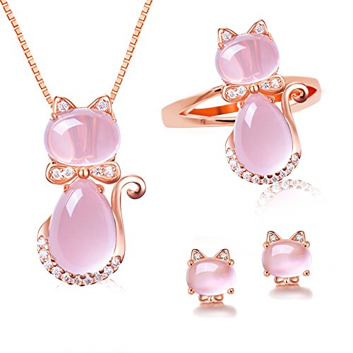 Uloveido Light Pink Crystal Zirkonia Ohrstecker Aniaml Anhänger Halskette Ringe Katze Schmuck-Set für Teen Girls (Größe 54 (17,2) Y427 von Uloveido