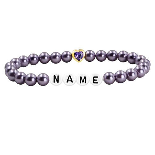 Uloveido Lila Perlenarmband mit Namen, Elastisches Initialenarmband, Personalisierter Schmuck für Mutter Schwestern Freundinnen YA5630 von Uloveido