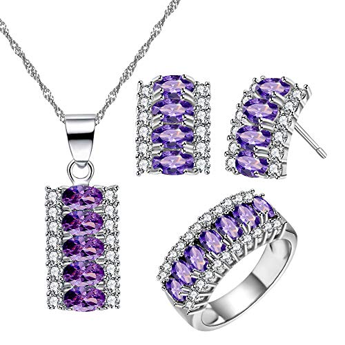 Uloveido Lila Zirkonia Halskette/Ohrstecker/Ring Meniskusform Kristallschmuck Set für Verlobungshochzeit T502 (Lila, Größe 52) von Uloveido