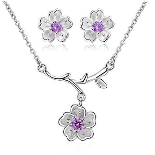 Uloveido Mädchen Kirschblume Halskette und Ohrringe Ohrstecker Hochzeit Schmuck Set für Frauen Mom Geburtstagsgeschenk - Weißes Gold überzogener Charm Schmuck Set für Mädchen DT340 von Uloveido