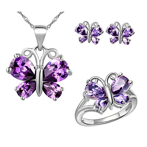 Uloveido Mädchen Schmuckset Weißgold Überzogen Lila Stein Schmetterling Ohrringe Halskette Anhänger und Charm Jubiläumsringe Schmuckset für Brautfrauen von Uloveido