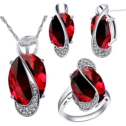 Uloveido Mädchen Weißgold Überzogen Messing Oval Rot Kristall Charme Anhänger Halskette Piercing Ohrringe Solitaire Fingerringe Hochzeit Versprechen Schmuck Set T472 von Uloveido