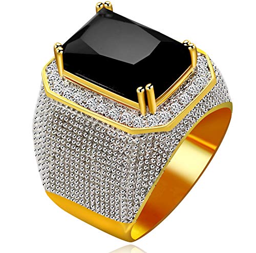 Uloveido Männer Gold Plated Kissen Cut Schwarz CZ Strass Cocktail Ring, Charm Hip Hop breite Band Ringe für Jungen RA408 (schwarz, Größe 20.6) von Uloveido