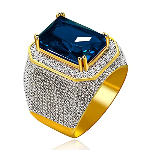 Uloveido Männer Großes Rechteck CZ Dunkelblauer Stein Ring Breite Hochzeit Verlobungsband Gold überzogene Eis Out Ringe RA408 (Blau, Größe 18.1) von Uloveido