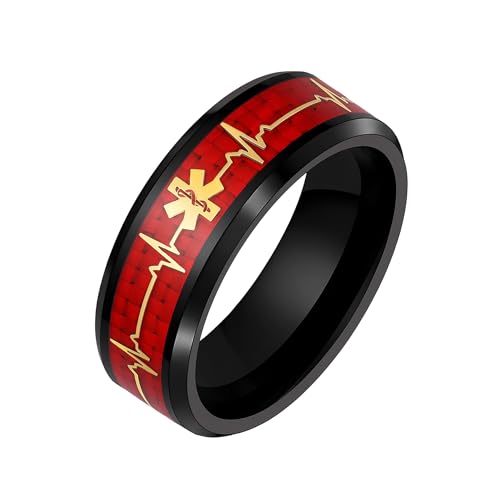 Uloveido Medizinischer Alarmring für Notfallidentifikation, schwarzes Edelstahlband 8 mm mit rotem Harz und goldenem ECG-Herzschlag-Design, Gesundheitsschutz-Schmuck Y5273 von Uloveido