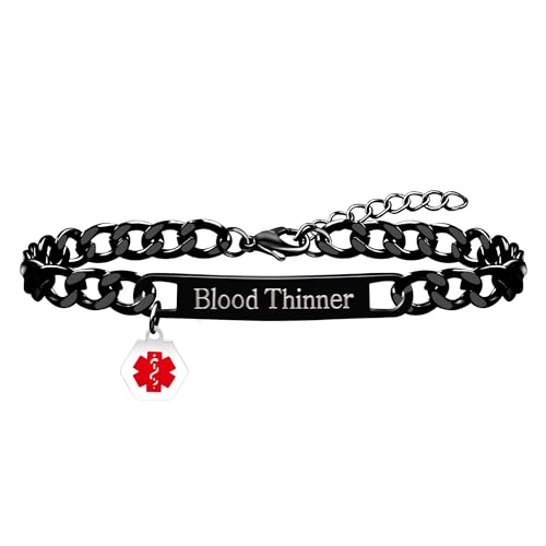 Uloveido Medizinisches ID-Armband | Schwarz Plattierte Blutverdünner Armbänder | Allergie Medizinische Alarm Schmuck für Männer Frauen | Wasserdichtes Edelstahl Kubanisches Kettenarmband mit Gravur von Uloveido