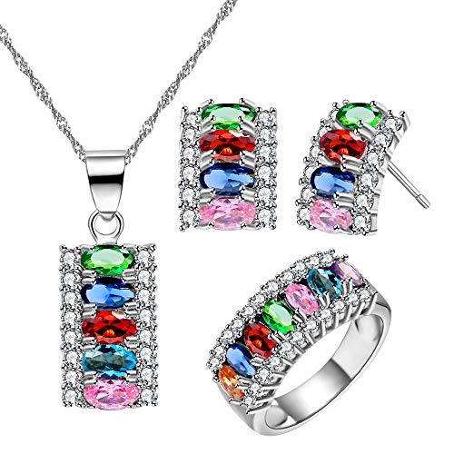 Uloveido Multicolor Zirkonia Halskette/Ohrstecker/Ring Meniskusform Kristallschmuck Set für Verlobung Hochzeit T502 (Multi, Größe 52) von Uloveido