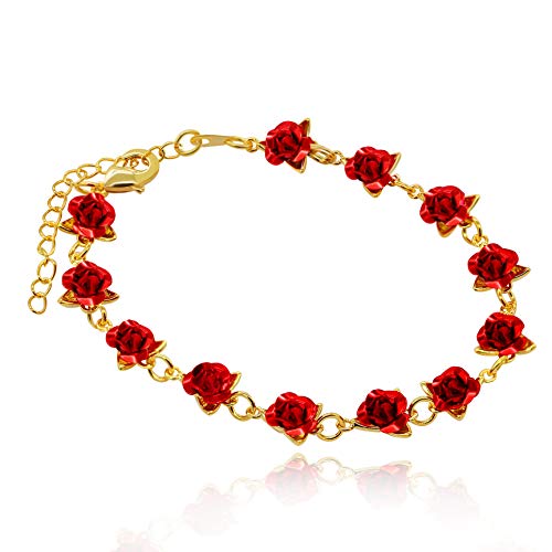 Uloveido Nette Rote Rose Blume Charme Armband für Frauen Mädchen 18 Karat Vergoldet Natur Schmuck, Hochzeitsgesellschaft Brautjungfer Geschenk (Gelb Gold Farbe) Y452 von Uloveido