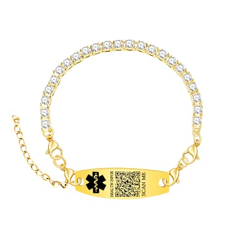 Uloveido Notfall QR-Code Armband – Goldenes Tennisarmband mit Gravur, Personalisierter Strass-Gesundheitsalarm YA6001 Uloveido Notfall QR-Code Armband – Goldenes Tennisarmband mit Gravur, Personalisierter Strass-Gesundheitsalarm YA6001 von Uloveido