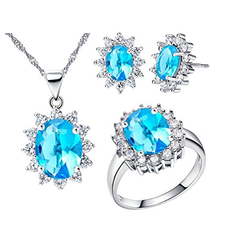 Uloveido Oval Blau CZ Steinkristall Brautschmuck Set Günstige Ohrringe Halskette und Ring für Mädchen T466 von Uloveido