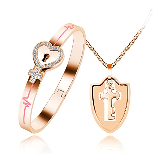 Uloveido Passende Halskette und Armreif Herzschloss und Schlüssel Zirkonia Schmuck Set aus Edelstahl für Männer und Frauen (Roségold) von Uloveido