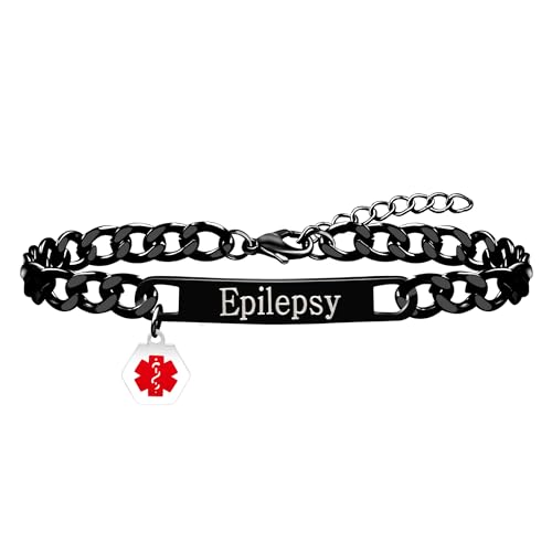 Uloveido Personalisiertes Medizinisches ID-Armband | Benutzerdefinierte Gravierte Epilepsie Medizinische Alarmarmbänder | Wasserdichtes Schwarz Plattiertes Kubanisches Kettenarmband für Männer Frauen von Uloveido