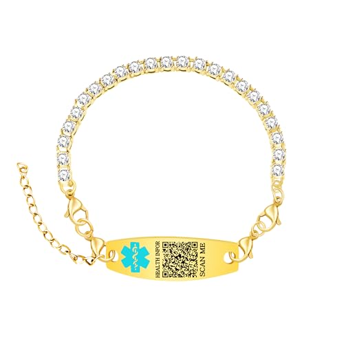 Uloveido QR-Code Medizinisches Armband – Goldenes Tennisarmband mit Gravur, Personalisierter Epilepsie-Alarm, Scanbare CZ-ID YA6001 von Uloveido