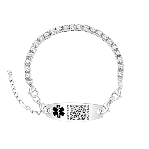Uloveido QR-Code Medizinisches ID-Armband – Silbernes Tennisarmband mit Gravur, Personalisierter CZ-Gesundheitsschmuck für Damen YA6001 von Uloveido