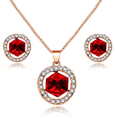 Uloveido Red Cube Kristall Hochzeit Schmuck Sets Simulierte Granat Halskette und Birthstone Ohrstecker Set Geschenke für Bräute oder Brautjungfer Y453 (Rot) von Uloveido