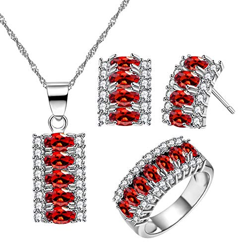 Uloveido Red Zirkonia Halskette/Ohrstecker/Ring Strass Kristall Party Schmuck Set für Verlobung Hochzeit T502 (Rot, Größe 59) von Uloveido