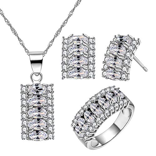 Uloveido Rhodium Plated Oval Zirkonia Halskette Ohrringe und Ringe Set, Mode Kristall Hochzeitsschmuck Set Gfits für Frauen T502 (Weiß, Größe 52) von Uloveido