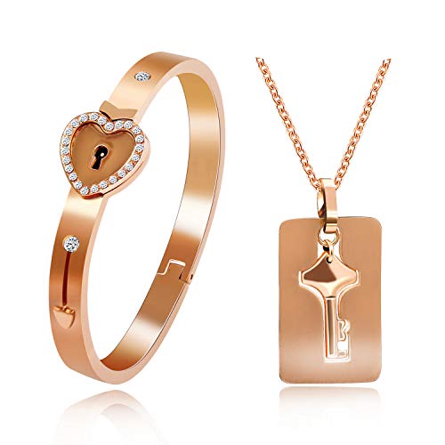 Uloveido Rose Gold Plated Lock Armreif und Schlüssel Halskette mit Zirkonia für Frauen und Männer, Paare Edelstahl Halskette Armband Set für Freund Freundin Y474 Uloveido Rose Gold Plated Lock Armreif und Schlüssel Halskette mit Zirkonia für Frauen und Männer, Paare Edelstahl Halskette Armband Set für Freund Freundin Y474 von Uloveido
