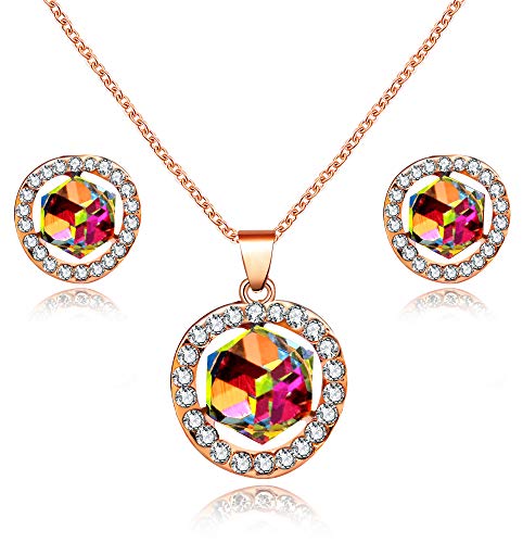 Uloveido Rose Vergoldet Regenbogen Kristall Hochzeit Schmuck-Set, Quadratwürfel Zirkonia Anhänger Halskette Ohrstecker Y453 (Multicolor) von Uloveido