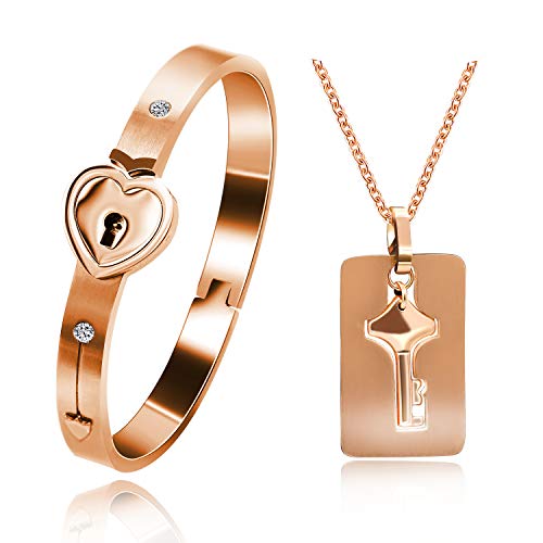 Uloveido Roségold plattiert passendes Puzzle aus Titan Paar Armband und Anhänger mit Schlüsselanhänger für Männer und Frauen, passendes Armband Paar Schmuckset für Freundinnen SN300 (Roségold farbe) von Uloveido