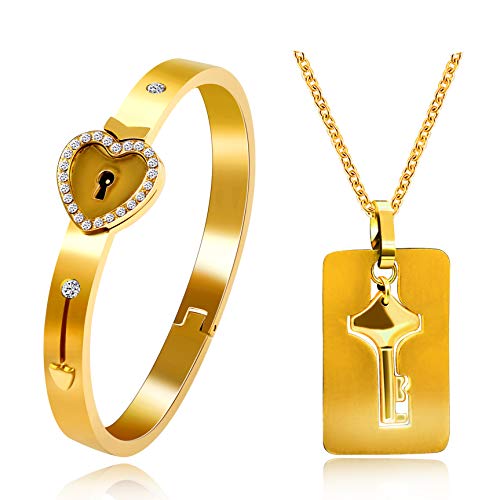 Uloveido frauen männer paar schmuck set schlüssel halskette herz schloss zirkonia armband für mädchen jungen Y474 (Gold) von Uloveido